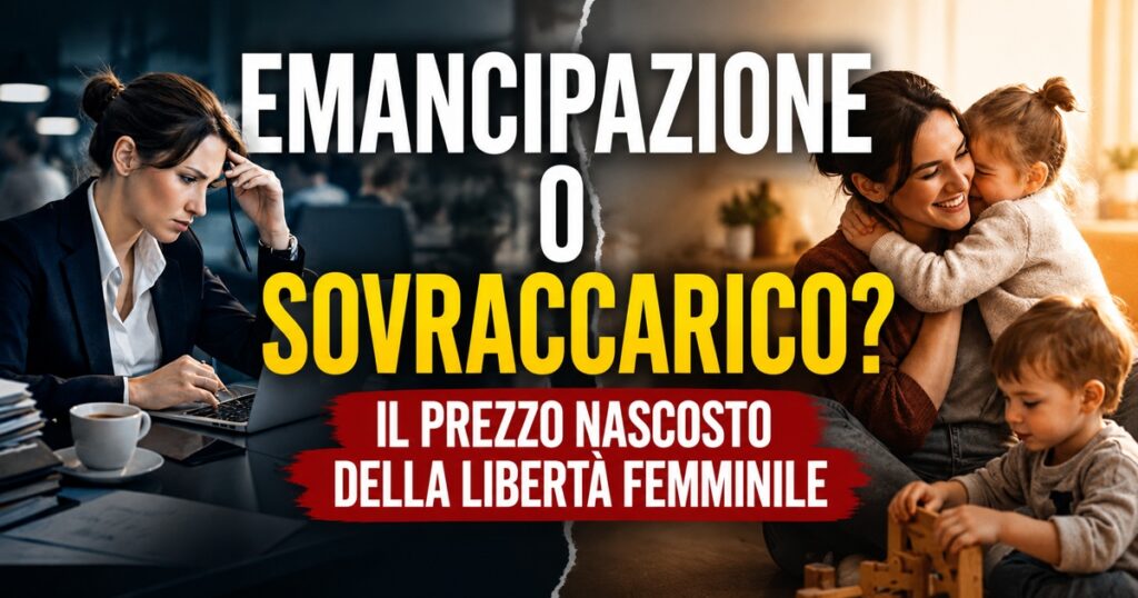 Immagine simbolica sul rapporto tra emancipazione femminile, lavoro e vita familiare. Da un lato una donna appare sotto pressione in un contesto lavorativo, dall’altro una madre trascorre un momento sereno con i propri figli. Il contrasto rappresenta il tema dell’equilibrio tra carriera, famiglia, libertà personale e sovraccarico di responsabilità. Titolo: ‘Emancipazione o sovraccarico? Il prezzo nascosto della libertà femminile.’
