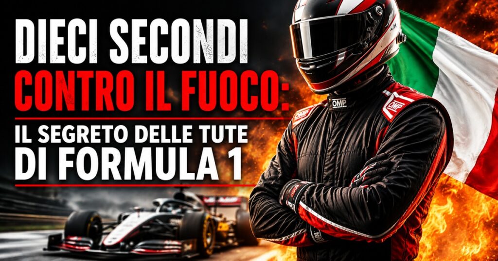 Grafica promozionale dedicata alle tute ignifughe di Formula 1. In primo piano due tute da gara professionali, una bianca e una rossa, su sfondo luminoso con i colori della bandiera italiana. A sinistra compare il titolo “Dieci secondi contro il fuoco: il segreto delle tute di Formula 1”. L'immagine richiama i temi della sicurezza, dell'innovazione tecnologica e dei materiali avanzati utilizzati nel motorsport.
