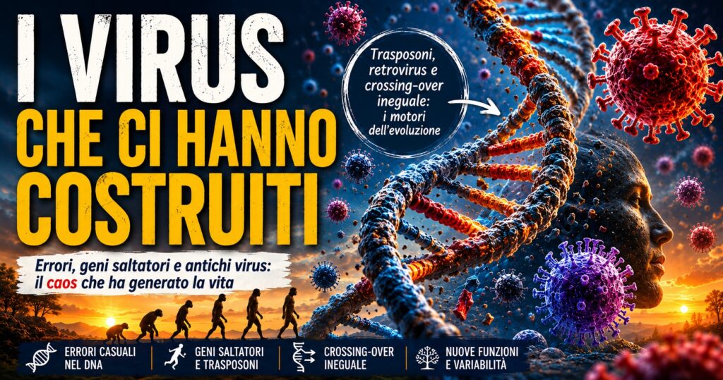 Illustrazione concettuale che raffigura DNA, virus e trasposoni come motori dell’evoluzione biologica. Una doppia elica si intreccia a particelle virali e simboli dell’evoluzione umana, mentre il titolo “I virus che ci hanno costruiti” domina la scena. L’immagine richiama il ruolo di mutazioni casuali, geni saltatori e crossing-over ineguale nella nascita della complessità della vita.