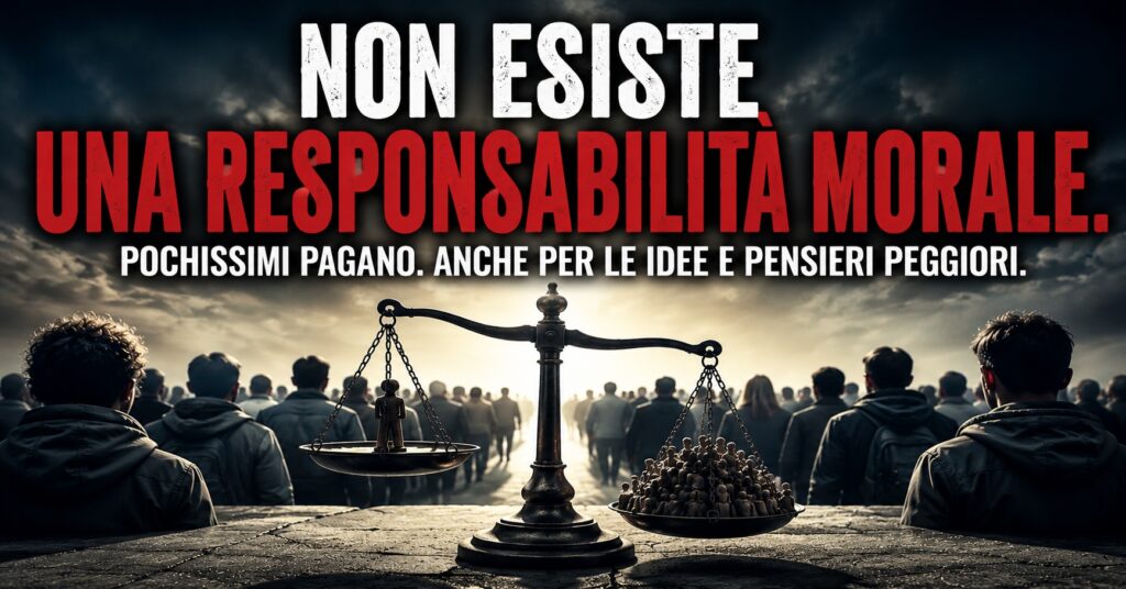 Illustrazione sulla responsabilità morale collettiva: una bilancia simbolica davanti a una folla anonima rappresenta il rapporto tra coscienza, conformismo e responsabilità sociale.