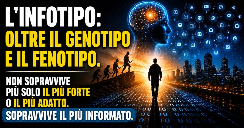 "Illustrazione simbolica sul concetto di ‘infotipo’: un percorso che collega evoluzione umana, genetica, informazione e tecnologia digitale. Una figura umana osserva il futuro tra città tecnologiche, reti di dati e connessioni digitali, mentre sullo sfondo compare il richiamo all’evoluzione biologica. L’immagine rappresenta il ruolo dell’informazione come possibile nuovo fattore di adattamento e sopravvivenza nell’era contemporanea. Titolo: ‘L’infotipo: oltre il genotipo e il fenotipo. Non sopravvive più solo il più forte o il più adatto. Sopravvive il più informato.’