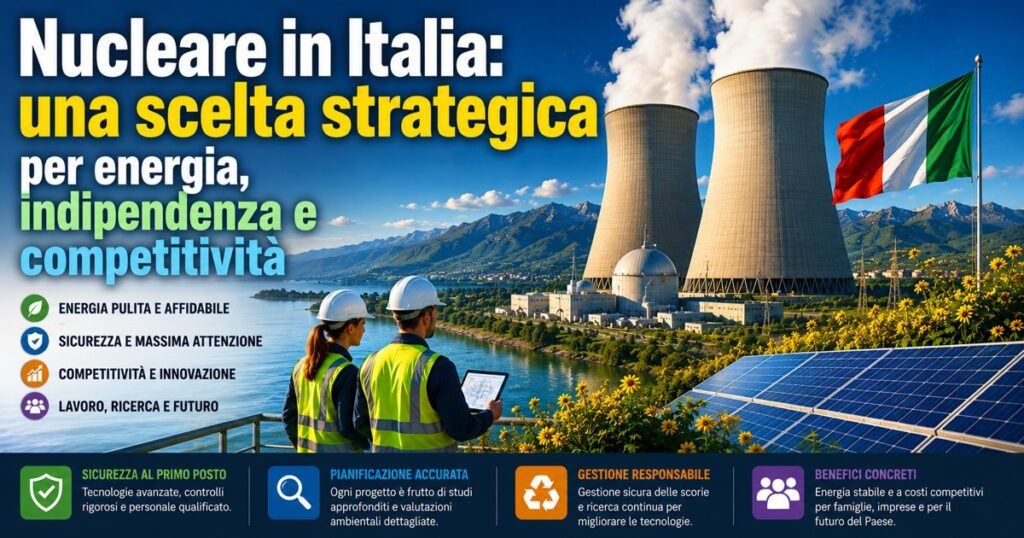 Illustrazione panoramica di una moderna centrale nucleare immersa in un paesaggio montano italiano, con lago, pannelli solari e bandiera italiana in primo piano. Due tecnici osservano l'impianto, simbolo di innovazione, sicurezza e pianificazione energetica. In evidenza il titolo: “Nucleare in Italia: una scelta strategica per energia, indipendenza e competitività”. L'immagine richiama il dibattito sul ruolo del nucleare nel garantire sicurezza energetica, autonomia strategica e competitività economica, sottolineando al contempo l'importanza di una gestione rigorosa e responsabile della tecnologia.