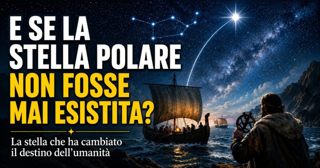 Illustrazione simbolica della Stella Polare nel cielo notturno sopra il mare, mentre antiche imbarcazioni navigano guidate dalla luce delle stelle. Una figura osserva il cielo con uno strumento di navigazione. L’immagine rappresenta il ruolo della Stella Polare come punto di riferimento che ha influenzato viaggi, orientamento e storia dell’umanità. Titolo: ‘E se la Stella Polare non fosse mai esistita? La stella che ha cambiato il destino dell’umanità.’
