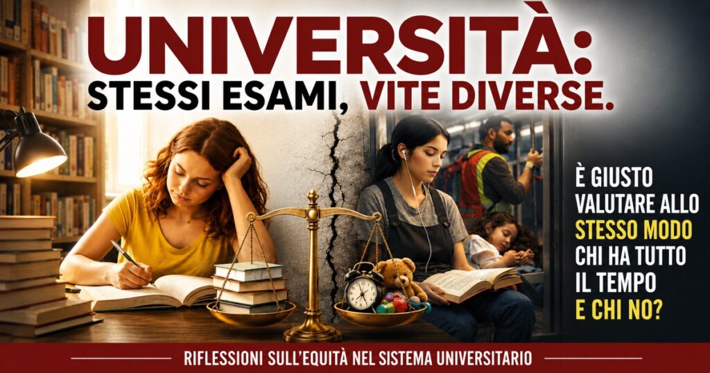 Immagine simbolica sul sistema universitario e sulle differenze nelle opportunità di studio: da un lato una studentessa studia in un ambiente tranquillo, dall’altro una giovane cerca di conciliare studio, lavoro e responsabilità quotidiane. Al centro una bilancia rappresenta il tema dell’equità nella valutazione universitaria. Titolo: "Università: stessi esami, vite diverse. È giusto valutare allo stesso modo chi ha tutto il tempo e chi no?"