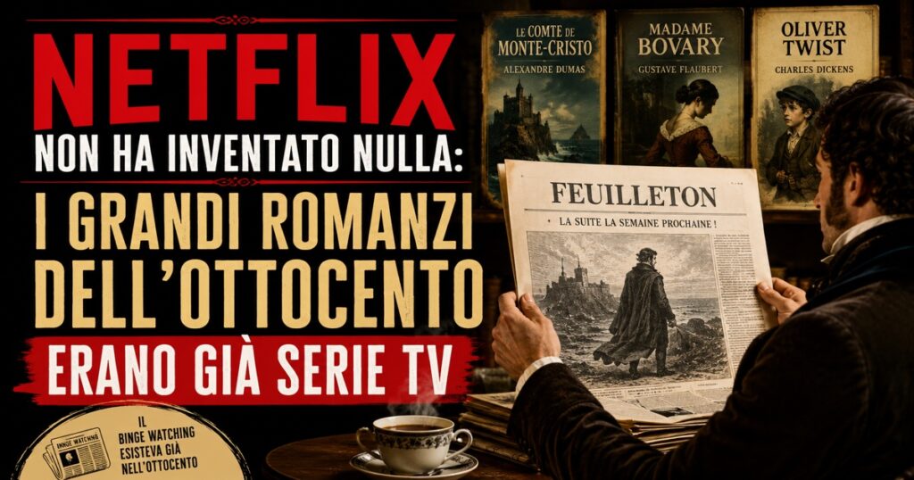 Illustrazione in stile cinematografico che mette a confronto Netflix e i grandi romanzi dell’Ottocento pubblicati a puntate. Un uomo in abiti del XIX secolo legge un giornale feuilleton davanti alle copertine de “Il Conte di Montecristo”, “Madame Bovary” e “Oliver Twist”. Sul lato sinistro campeggia il titolo: “Netflix non ha inventato nulla: i grandi romanzi dell’Ottocento erano già serie TV”.