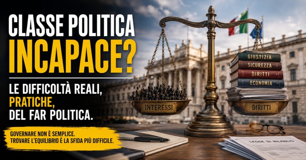 Bilancia simbolica della giustizia davanti a un edificio istituzionale italiano, con libri e documenti che rappresentano diritti, sicurezza, economia e interessi. A sinistra, grande titolo: ‘Classe politica incapace? Le difficoltà reali, pratiche, del far politica.’ Immagine editoriale dai toni drammatici dedicata alla complessità del governare e all’equilibrio tra i poteri dello Stato.