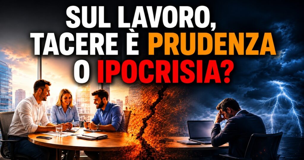 Illustrazione concettuale sul mondo del lavoro: da un lato un gruppo di colleghi lavora in un ambiente sereno e collaborativo, dall’altro una persona sola appare sotto pressione in un contesto cupo e tempestoso. Al centro una frattura simbolica rappresenta il conflitto tra prudenza e ipocrisia nei rapporti lavorativi. Titolo: ‘Sul lavoro, tacere è prudenza o ipocrisia?’