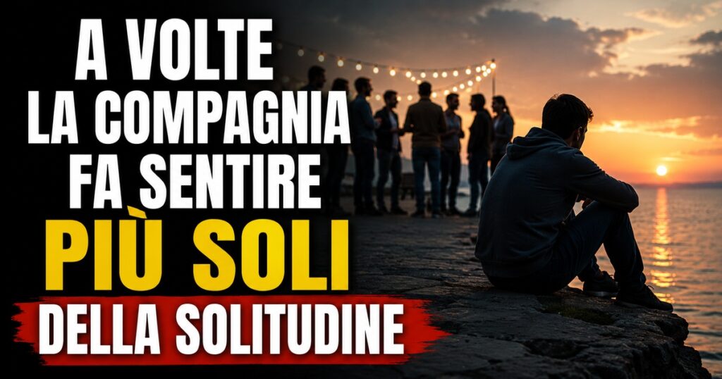 Illustrazione simbolica di una persona seduta da sola davanti al mare al tramonto, mentre sullo sfondo un gruppo di persone conversa e socializza. In primo piano il titolo: «A volte la compagnia fa sentire più soli della solitudine».