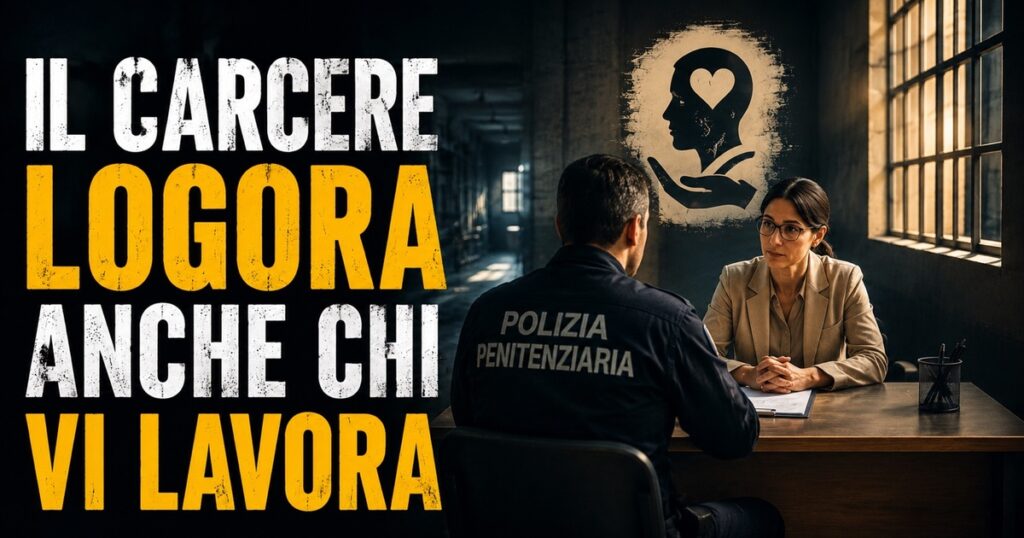 Immagine illustrata di una psicologa che incontra un agente della Polizia Penitenziaria all'interno di un carcere. Grafica dell'articolo «Il carcere logora anche chi vi lavora», dedicato all'importanza del supporto psicologico per il personale penitenziario e i detenuti.