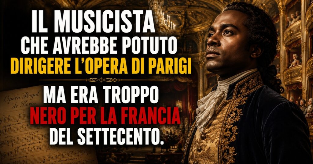 Illustrazione storica realizzata con l'intelligenza artificiale che raffigura Joseph Bologne, Chevalier de Saint-Georges, in abiti aristocratici del XVIII secolo all'interno dell'Opéra di Parigi. Sullo sfondo si vedono i palchi dorati e il pubblico del teatro, mentre in primo piano compare il titolo dell'articolo dedicato al musicista che sfiorò la direzione dell'Opera ma si scontrò con i pregiudizi della Francia del Settecento.
