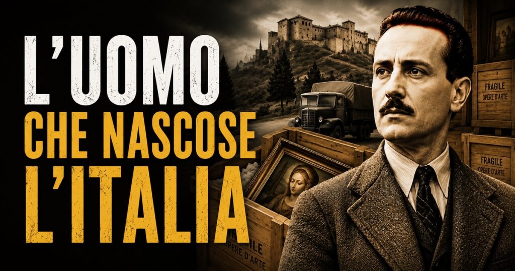 Illustrazione in stile cinematografico dedicata a Pasquale Rotondi: sullo sfondo una fortezza, un camion della Seconda guerra mondiale e casse contenenti opere d'arte, mentre in primo piano compare il ritratto del soprintendente. In grande evidenza il titolo: «L'uomo che nascose l'Italia».