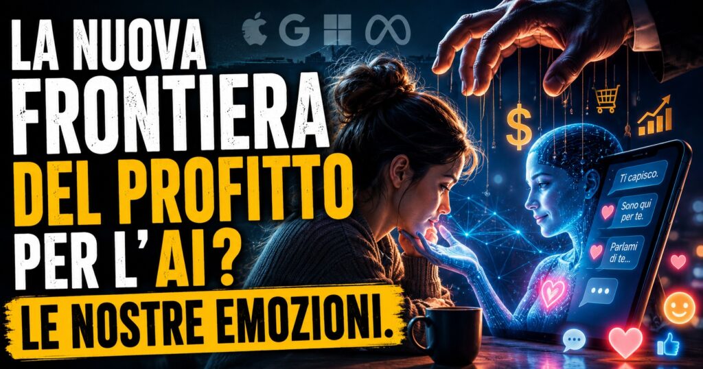 Grafica illustrata sul rapporto tra intelligenza artificiale, solitudine ed economia digitale. Una persona si confida con un assistente AI, mentre sullo sfondo compaiono simboli di tecnologia e profitto. Immagine dell'articolo «La nuova frontiera del profitto per l'AI? Le nostre emozioni.».