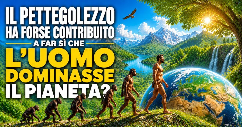 Illustrazione digitale con una sequenza dell'evoluzione dell'Homo sapiens immersa in un paesaggio naturale di montagne, foreste e cascate, con il pianeta Terra sullo sfondo. In primo piano il titolo: «Il pettegolezzo ha forse contribuito a far sì che l'uomo dominasse il pianeta?».