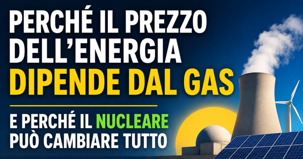 Illustrazione sul mercato dell'energia con il titolo "Perché il prezzo dell'energia dipende dal gas e perché il nucleare può cambiare tutto". Sullo sfondo sono raffigurati una centrale nucleare, pannelli solari e una turbina eolica, simboli delle fonti energetiche a costo prevedibile e della riduzione della dipendenza dal gas.