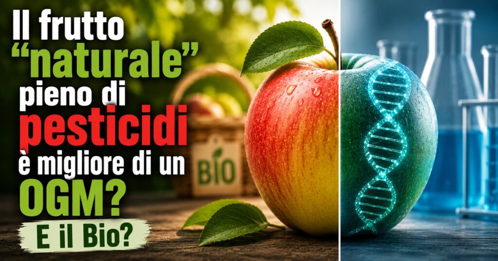 Illustrazione che mette a confronto una mela tradizionale e una mela OGM, con sullo sfondo un frutteto e un laboratorio scientifico. In primo piano il titolo: «Il frutto “naturale” pieno di pesticidi è migliore di un OGM? E il Bio?».