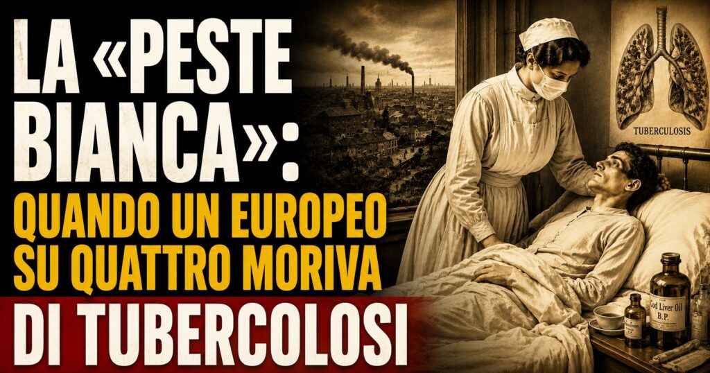 Illustrazione in stile storico raffigurante un giovane malato di tubercolosi assistito da un'infermiera in una corsia ospedaliera d'epoca, con una città industriale sullo sfondo. In primo piano il titolo: «La “peste bianca”: quando un europeo su quattro moriva di tubercolosi».